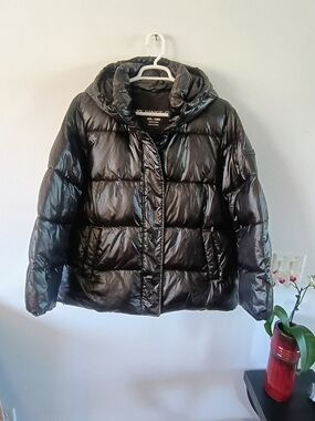 Two by Vince Camuto 2XL Black Hooded Puffer Jacket Glossy Winter Coat